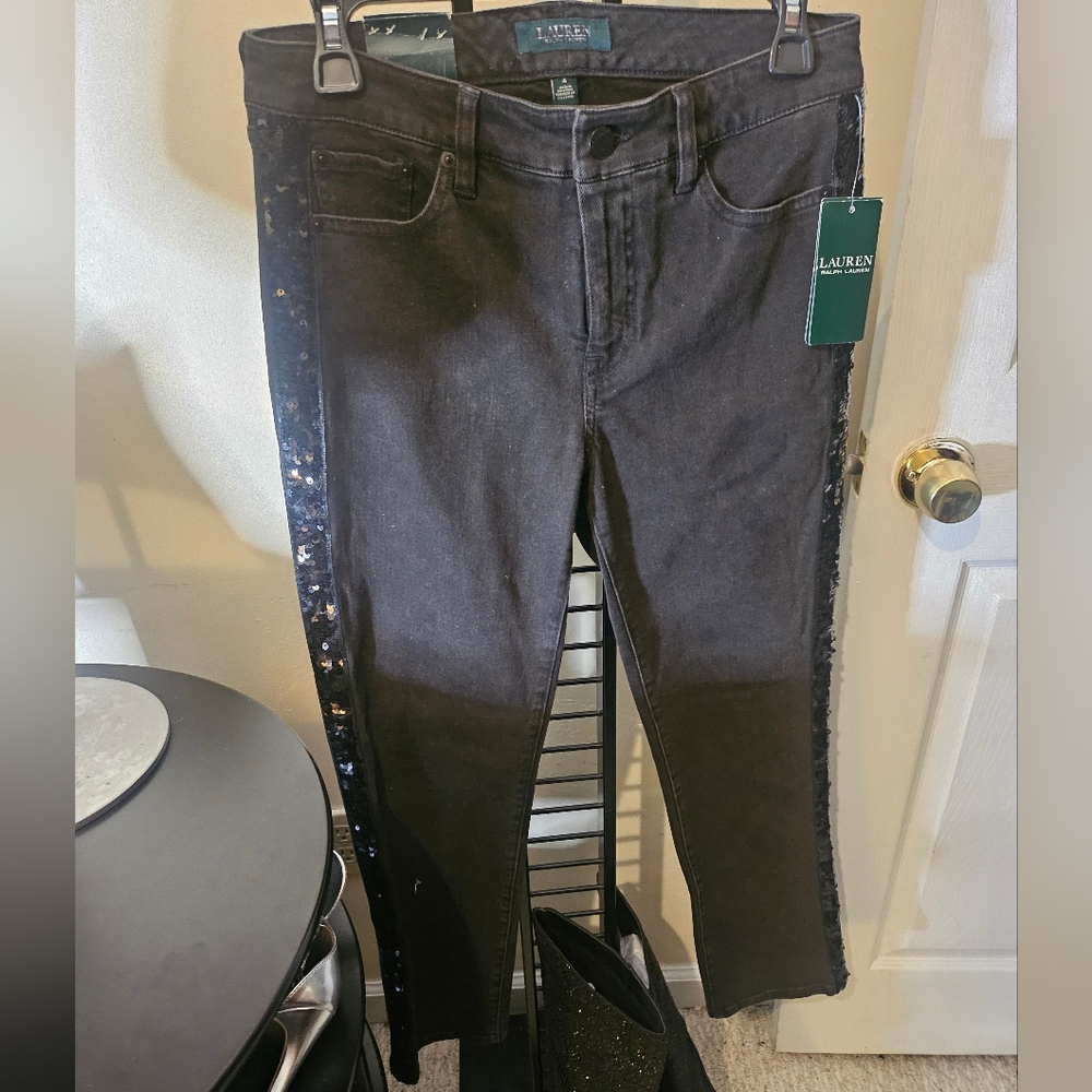 NWT Black denim Ralph Lauren cropped with seqins on leg jeans sz 4